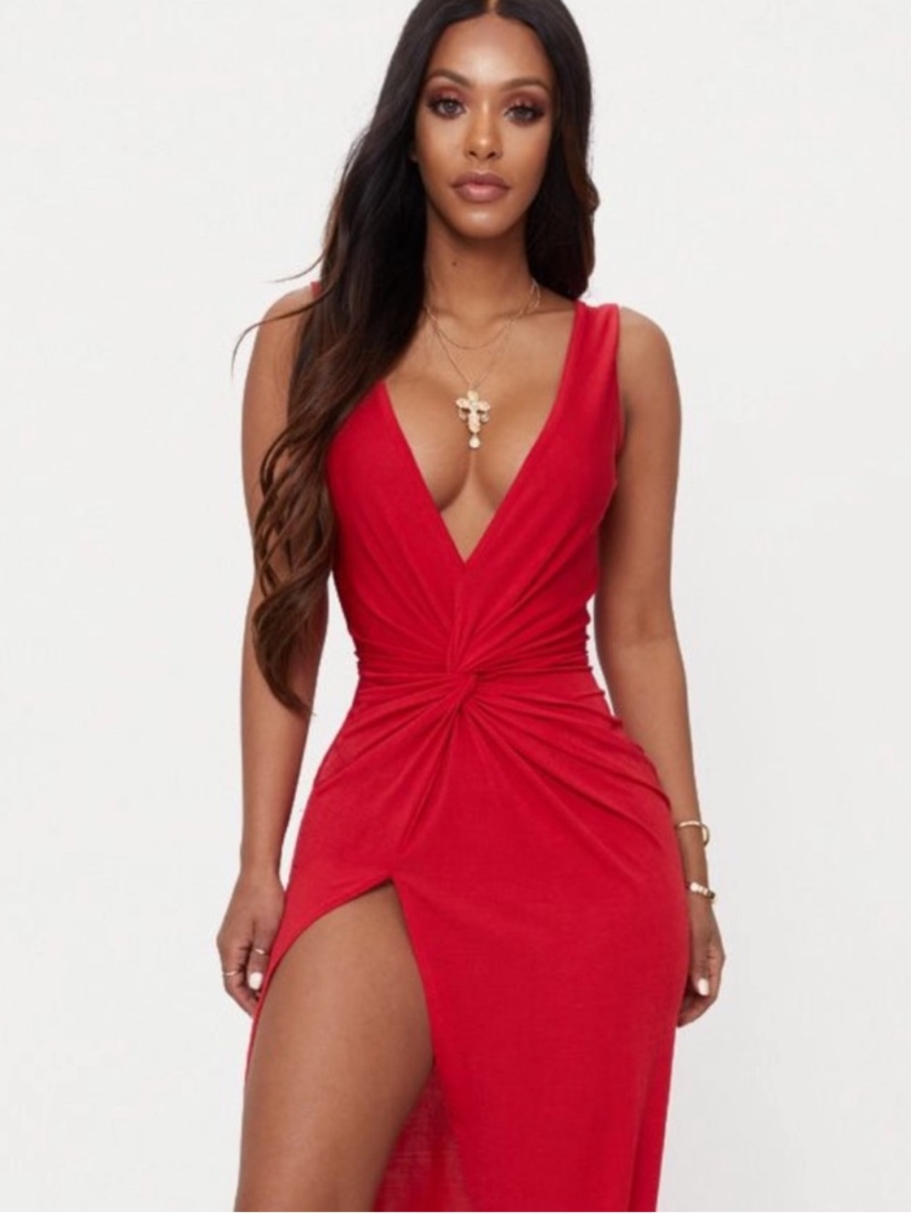 PLT New Shape Red Slinky Wrap Detail Maxi Dress